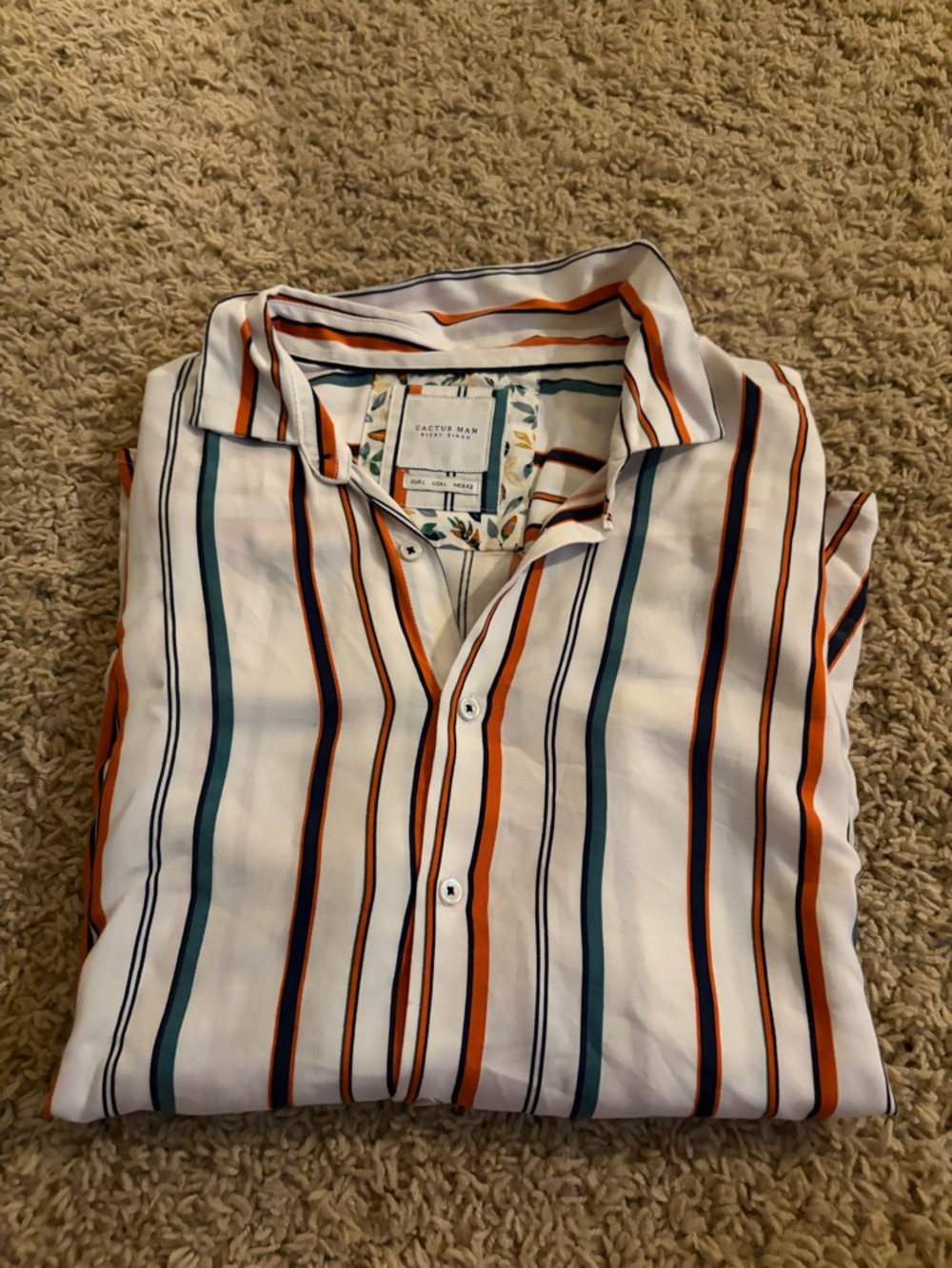 Cactus White Shirt with Orange, Teal and Navy Stripes